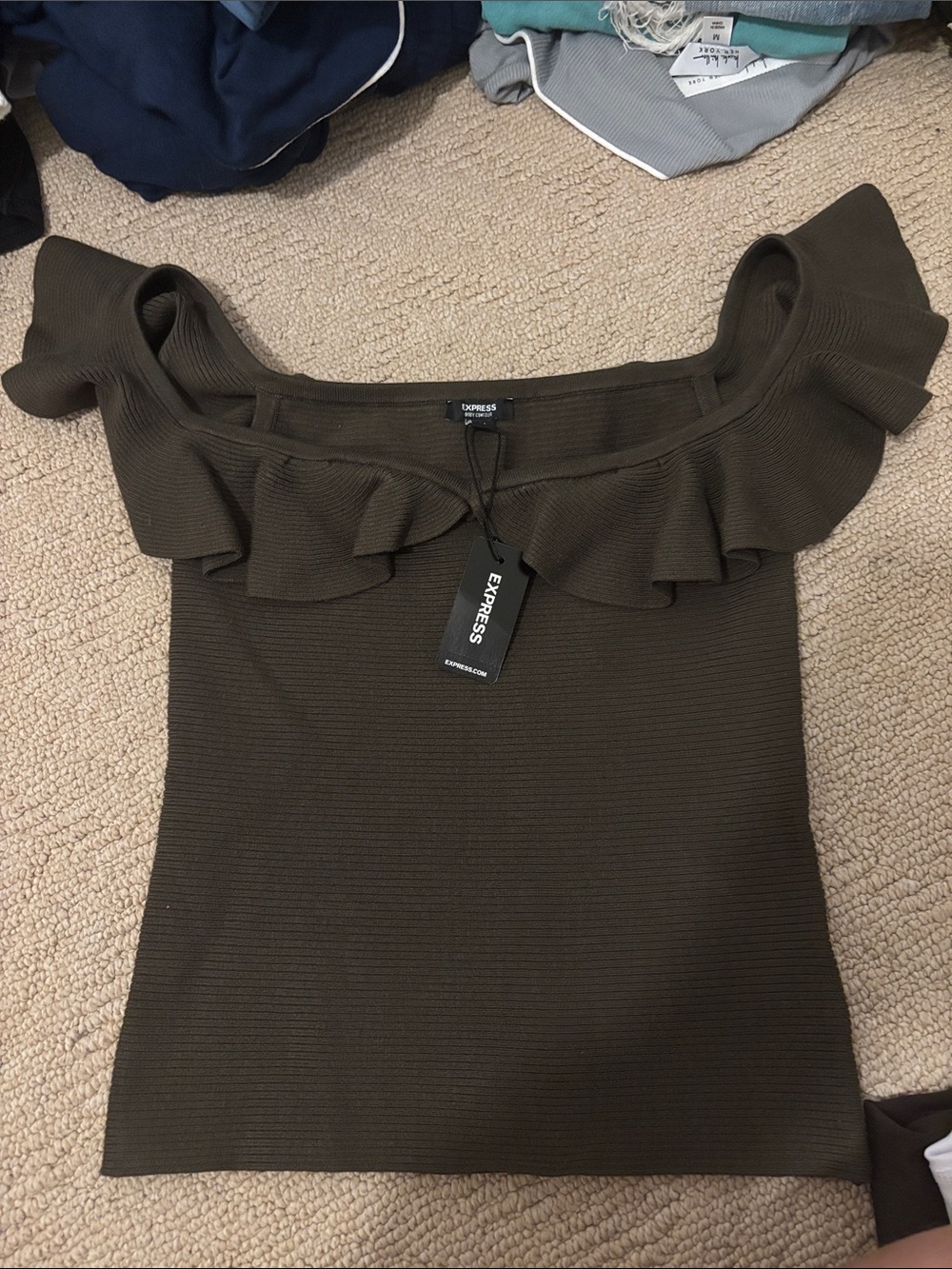 Express Olive Off-Shoulder Ruffle Crop Top